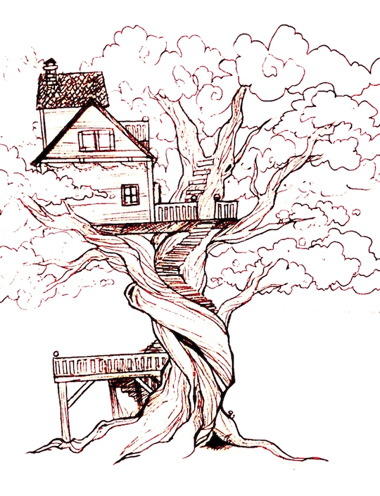 sketch of a house in the upper branches of a tree, with a staircase carved into the trunk spiraling all the way up the tree